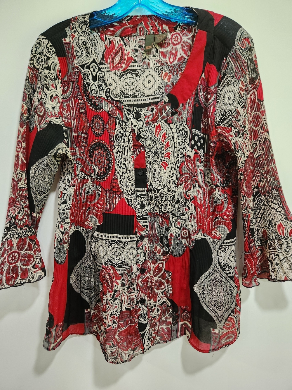 Paisley Print Button-Front Women's Blouse in Red, Black & Cream